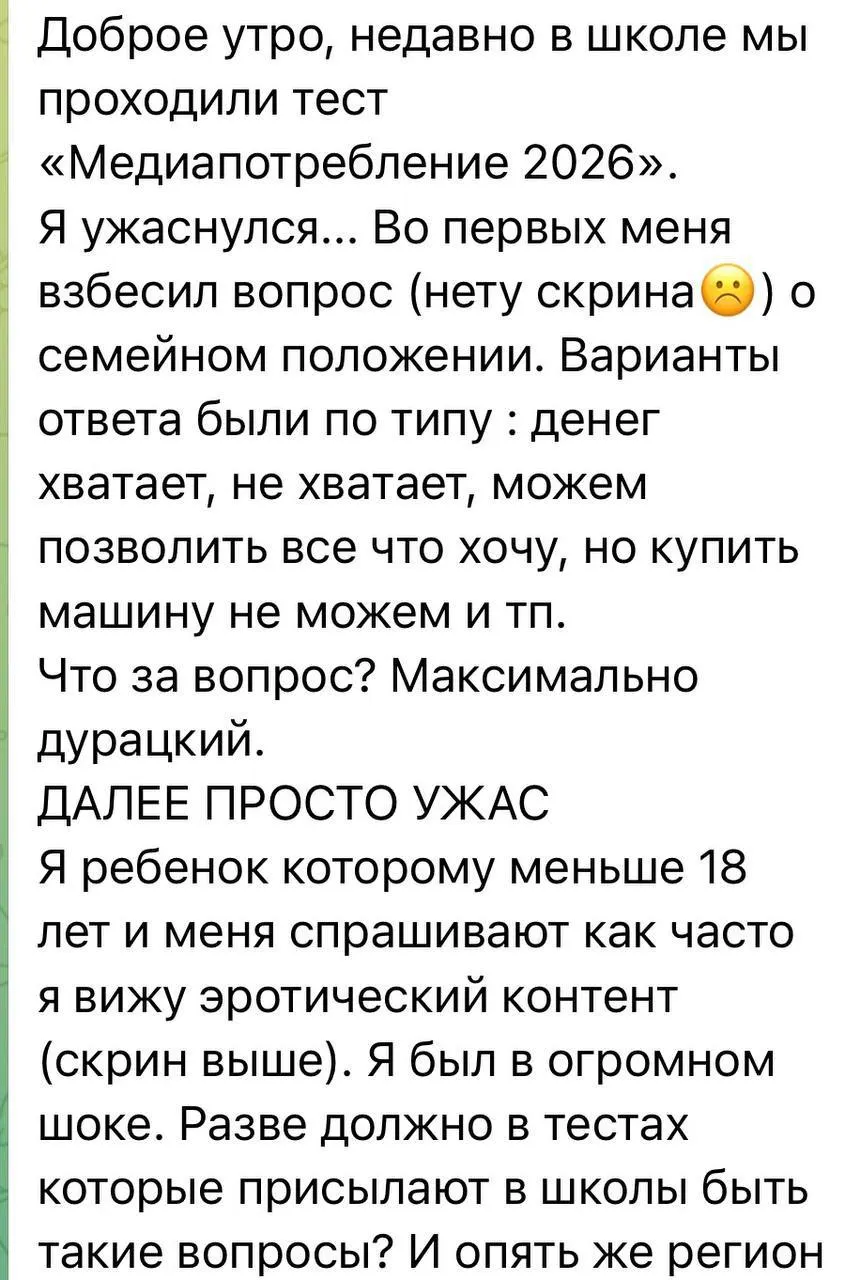 Ученикам 5–11 классов и студентам колледжей разослали обязательные анкеты с вопросами о доходах, мессенджерах, использовании VPN и частоте столкновений с эротическим контентом — многие школьники считают формулировки смущающими.