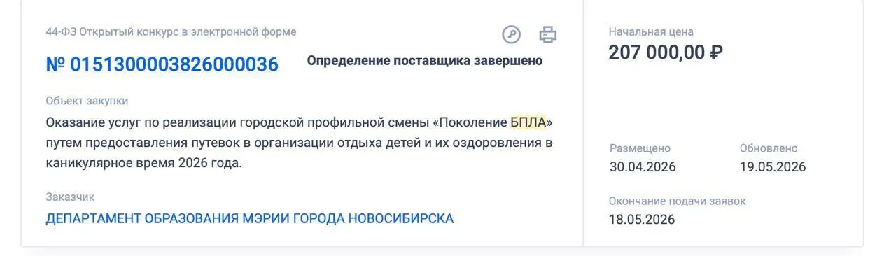 Мэрия Новосибирска закупает путёвки для подростков на летнюю смену «Поколение БПЛА», на которую выделено свыше 207 000 рублей.
