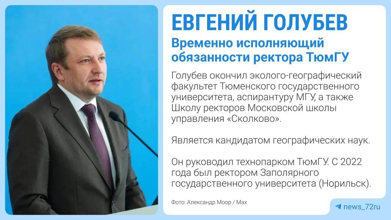Губернатор региона объявил о назначении Евгения Голубева временно исполняющим обязанности ректора ТюмГУ. Предыдущий ректор Иван Романчук покинул должность; вуз готовится к новым задачам.